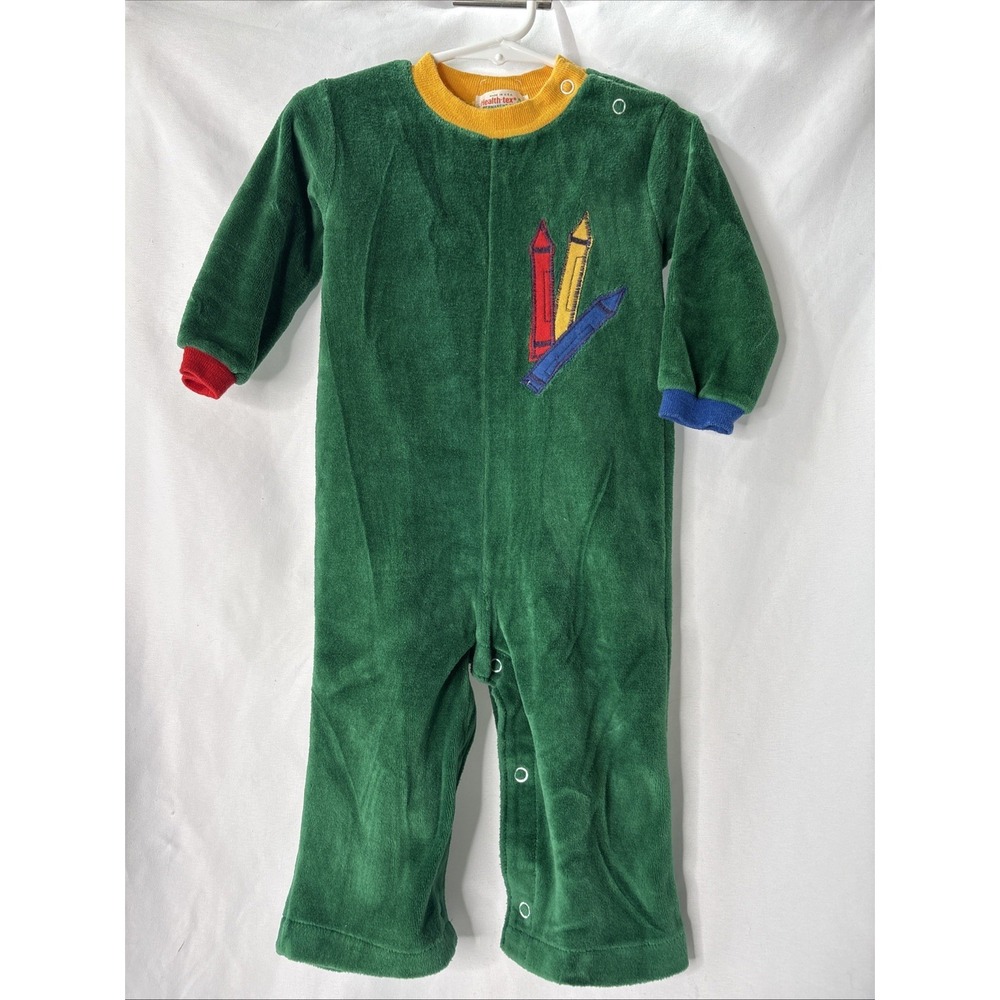 Vintage Health-Tex Velour One Piece‎ 18 Month Green Crayon Outfit USA
